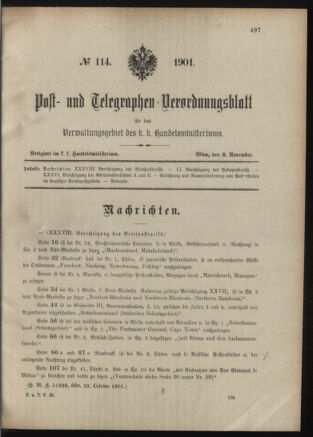 Post- und Telegraphen-Verordnungsblatt für das Verwaltungsgebiet des K.-K. Handelsministeriums 19011108 Seite: 1