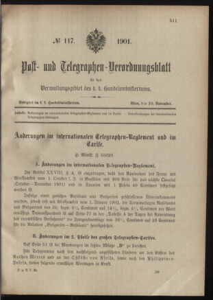 Post- und Telegraphen-Verordnungsblatt für das Verwaltungsgebiet des K.-K. Handelsministeriums 19011120 Seite: 1