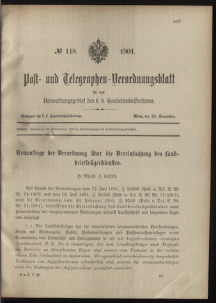 Post- und Telegraphen-Verordnungsblatt für das Verwaltungsgebiet des K.-K. Handelsministeriums 19011120 Seite: 7