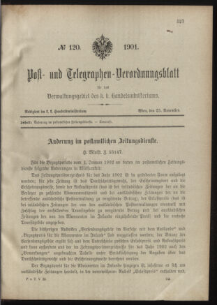 Post- und Telegraphen-Verordnungsblatt für das Verwaltungsgebiet des K.-K. Handelsministeriums 19011125 Seite: 1