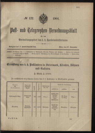 Post- und Telegraphen-Verordnungsblatt für das Verwaltungsgebiet des K.-K. Handelsministeriums 19011127 Seite: 1