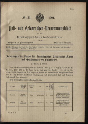 Post- und Telegraphen-Verordnungsblatt für das Verwaltungsgebiet des K.-K. Handelsministeriums 19011129 Seite: 1