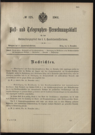 Post- und Telegraphen-Verordnungsblatt für das Verwaltungsgebiet des K.-K. Handelsministeriums 19011205 Seite: 1