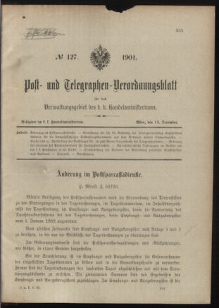 Post- und Telegraphen-Verordnungsblatt für das Verwaltungsgebiet des K.-K. Handelsministeriums 19011213 Seite: 1