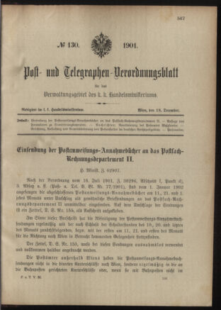 Post- und Telegraphen-Verordnungsblatt für das Verwaltungsgebiet des K.-K. Handelsministeriums 19011218 Seite: 1