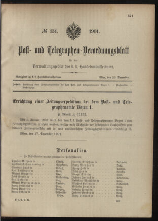 Post- und Telegraphen-Verordnungsblatt für das Verwaltungsgebiet des K.-K. Handelsministeriums 19011220 Seite: 1