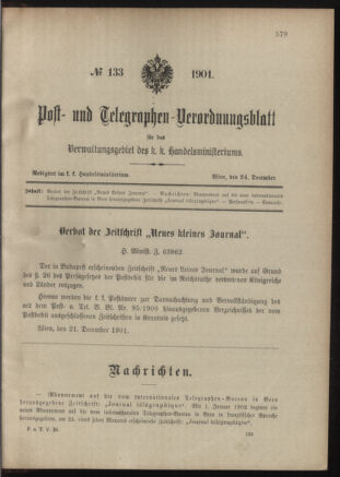 Post- und Telegraphen-Verordnungsblatt für das Verwaltungsgebiet des K.-K. Handelsministeriums 19011224 Seite: 1