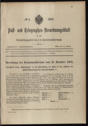 Post- und Telegraphen-Verordnungsblatt für das Verwaltungsgebiet des K.-K. Handelsministeriums 19030114 Seite: 1