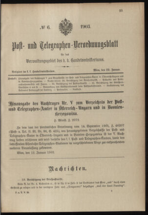 Post- und Telegraphen-Verordnungsblatt für das Verwaltungsgebiet des K.-K. Handelsministeriums 19030122 Seite: 1