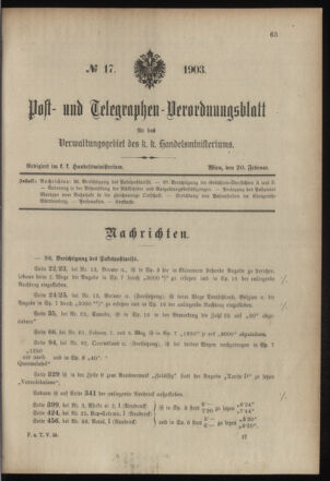 Post- und Telegraphen-Verordnungsblatt für das Verwaltungsgebiet des K.-K. Handelsministeriums 19030220 Seite: 1