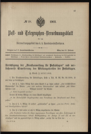 Post- und Telegraphen-Verordnungsblatt für das Verwaltungsgebiet des K.-K. Handelsministeriums 19030221 Seite: 1