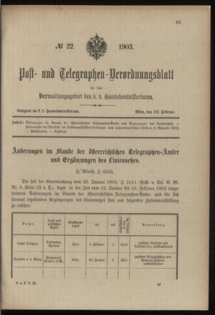 Post- und Telegraphen-Verordnungsblatt für das Verwaltungsgebiet des K.-K. Handelsministeriums 19030228 Seite: 1