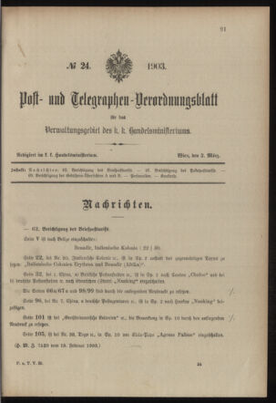 Post- und Telegraphen-Verordnungsblatt für das Verwaltungsgebiet des K.-K. Handelsministeriums 19030303 Seite: 1