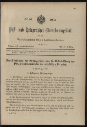 Post- und Telegraphen-Verordnungsblatt für das Verwaltungsgebiet des K.-K. Handelsministeriums 19030307 Seite: 1