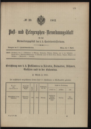 Post- und Telegraphen-Verordnungsblatt für das Verwaltungsgebiet des K.-K. Handelsministeriums 19030407 Seite: 1