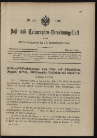 Post- und Telegraphen-Verordnungsblatt für das Verwaltungsgebiet des K.-K. Handelsministeriums 19030409 Seite: 1