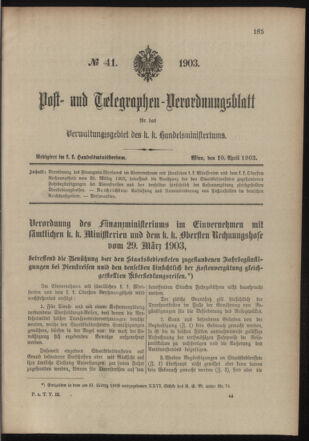 Post- und Telegraphen-Verordnungsblatt für das Verwaltungsgebiet des K.-K. Handelsministeriums 19030410 Seite: 1