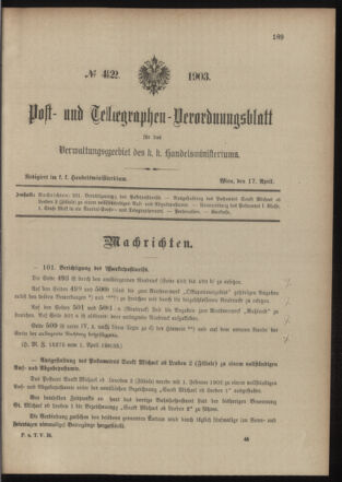 Post- und Telegraphen-Verordnungsblatt für das Verwaltungsgebiet des K.-K. Handelsministeriums