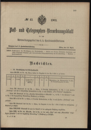 Post- und Telegraphen-Verordnungsblatt für das Verwaltungsgebiet des K.-K. Handelsministeriums 19030418 Seite: 1