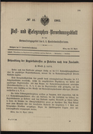 Post- und Telegraphen-Verordnungsblatt für das Verwaltungsgebiet des K.-K. Handelsministeriums 19030422 Seite: 1