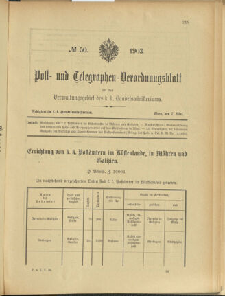 Post- und Telegraphen-Verordnungsblatt für das Verwaltungsgebiet des K.-K. Handelsministeriums