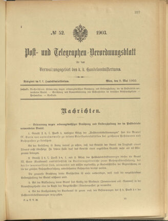 Post- und Telegraphen-Verordnungsblatt für das Verwaltungsgebiet des K.-K. Handelsministeriums 19030509 Seite: 1