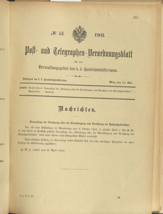 Post- und Telegraphen-Verordnungsblatt für das Verwaltungsgebiet des K.-K. Handelsministeriums