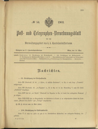 Post- und Telegraphen-Verordnungsblatt für das Verwaltungsgebiet des K.-K. Handelsministeriums 19030516 Seite: 1