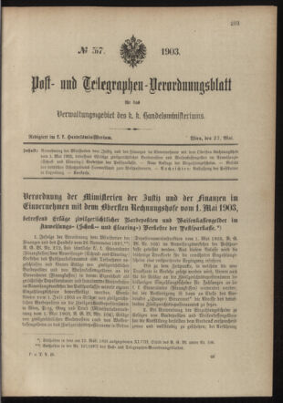 Post- und Telegraphen-Verordnungsblatt für das Verwaltungsgebiet des K.-K. Handelsministeriums 19030527 Seite: 1