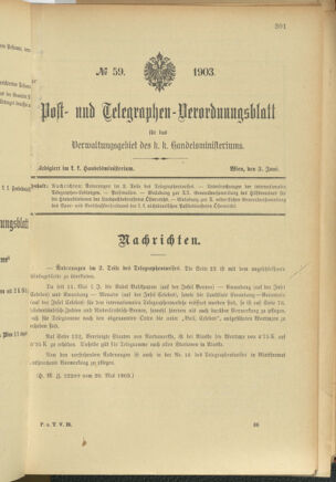 Post- und Telegraphen-Verordnungsblatt für das Verwaltungsgebiet des K.-K. Handelsministeriums 19030603 Seite: 1