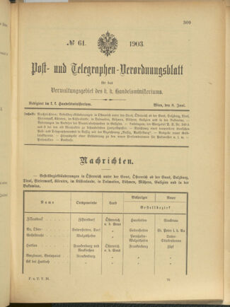 Post- und Telegraphen-Verordnungsblatt für das Verwaltungsgebiet des K.-K. Handelsministeriums 19030608 Seite: 1