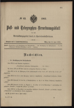 Post- und Telegraphen-Verordnungsblatt für das Verwaltungsgebiet des K.-K. Handelsministeriums 19030613 Seite: 1