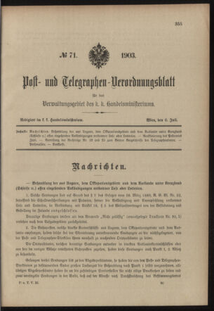 Post- und Telegraphen-Verordnungsblatt für das Verwaltungsgebiet des K.-K. Handelsministeriums 19030706 Seite: 1