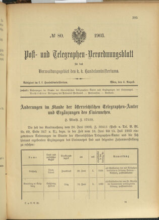 Post- und Telegraphen-Verordnungsblatt für das Verwaltungsgebiet des K.-K. Handelsministeriums 19030806 Seite: 1