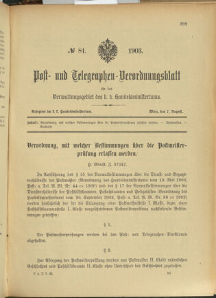 Post- und Telegraphen-Verordnungsblatt für das Verwaltungsgebiet des K.-K. Handelsministeriums 19030807 Seite: 1