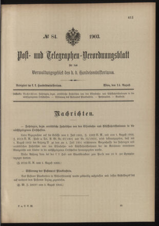 Post- und Telegraphen-Verordnungsblatt für das Verwaltungsgebiet des K.-K. Handelsministeriums 19030814 Seite: 1