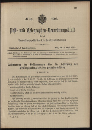 Post- und Telegraphen-Verordnungsblatt für das Verwaltungsgebiet des K.-K. Handelsministeriums 19030818 Seite: 1