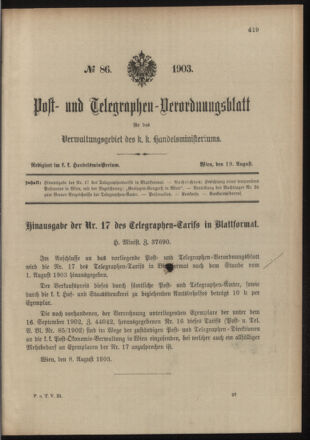 Post- und Telegraphen-Verordnungsblatt für das Verwaltungsgebiet des K.-K. Handelsministeriums 19030819 Seite: 1