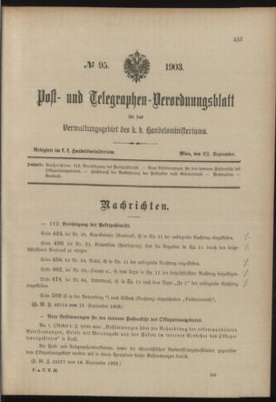 Post- und Telegraphen-Verordnungsblatt für das Verwaltungsgebiet des K.-K. Handelsministeriums 19030922 Seite: 1