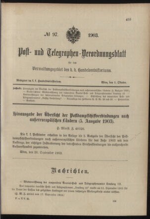 Post- und Telegraphen-Verordnungsblatt für das Verwaltungsgebiet des K.-K. Handelsministeriums 19031001 Seite: 1