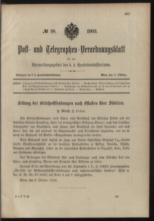 Post- und Telegraphen-Verordnungsblatt für das Verwaltungsgebiet des K.-K. Handelsministeriums 19031005 Seite: 1