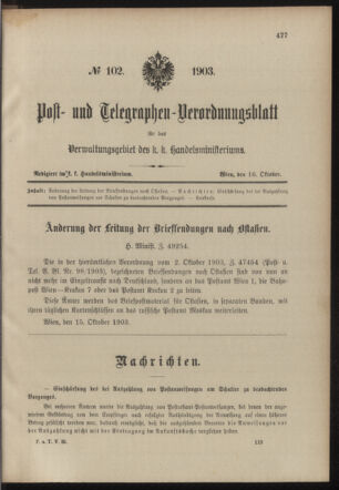 Post- und Telegraphen-Verordnungsblatt für das Verwaltungsgebiet des K.-K. Handelsministeriums 19031016 Seite: 1