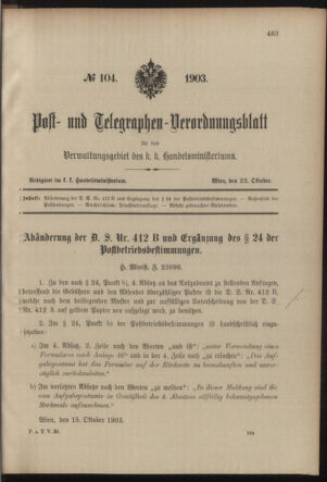 Post- und Telegraphen-Verordnungsblatt für das Verwaltungsgebiet des K.-K. Handelsministeriums 19031023 Seite: 1