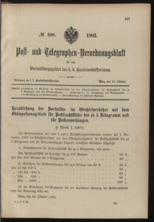 Post- und Telegraphen-Verordnungsblatt für das Verwaltungsgebiet des K.-K. Handelsministeriums 19031029 Seite: 1