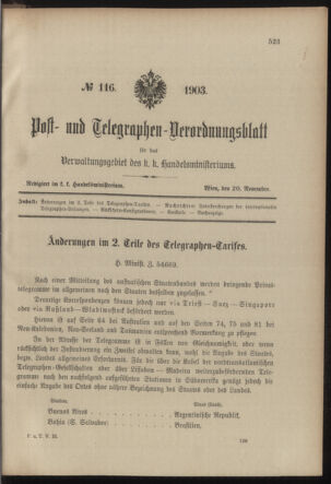 Post- und Telegraphen-Verordnungsblatt für das Verwaltungsgebiet des K.-K. Handelsministeriums 19031120 Seite: 1