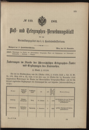 Post- und Telegraphen-Verordnungsblatt für das Verwaltungsgebiet des K.-K. Handelsministeriums 19031130 Seite: 1