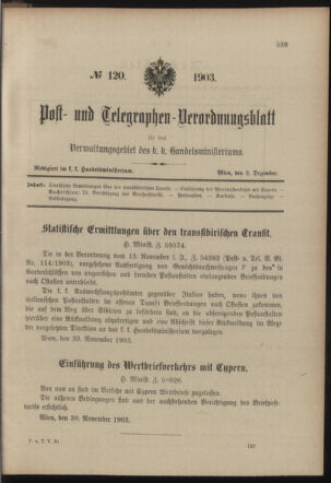 Post- und Telegraphen-Verordnungsblatt für das Verwaltungsgebiet des K.-K. Handelsministeriums 19031202 Seite: 1