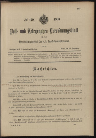 Post- und Telegraphen-Verordnungsblatt für das Verwaltungsgebiet des K.-K. Handelsministeriums 19031219 Seite: 1