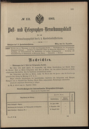 Post- und Telegraphen-Verordnungsblatt für das Verwaltungsgebiet des K.-K. Handelsministeriums 19031224 Seite: 1