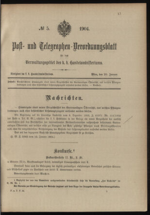 Post- und Telegraphen-Verordnungsblatt für das Verwaltungsgebiet des K.-K. Handelsministeriums 19040120 Seite: 1